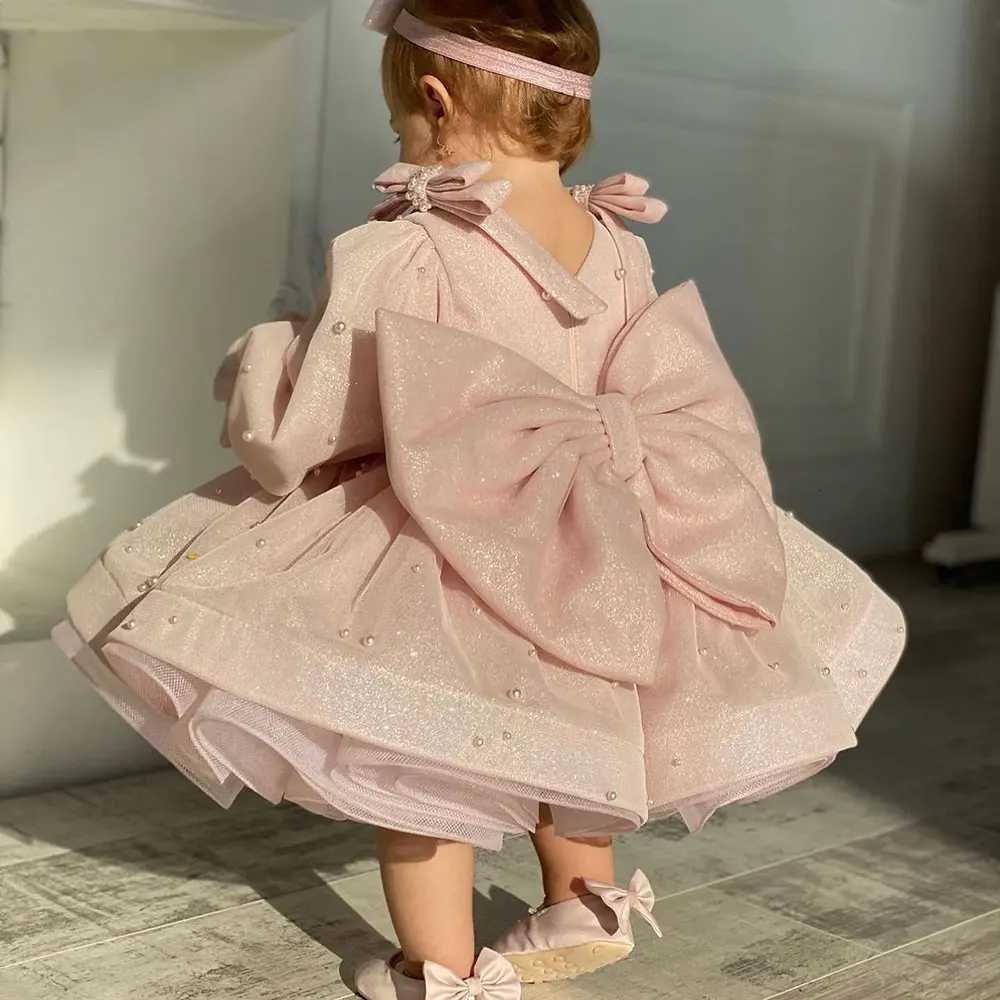 Pink Shining Flower Girl Dress For Wedding Pearls Full Sleeves Bow Puffy Baby Kids Birthday First Communion Party Ball Gown Z250926