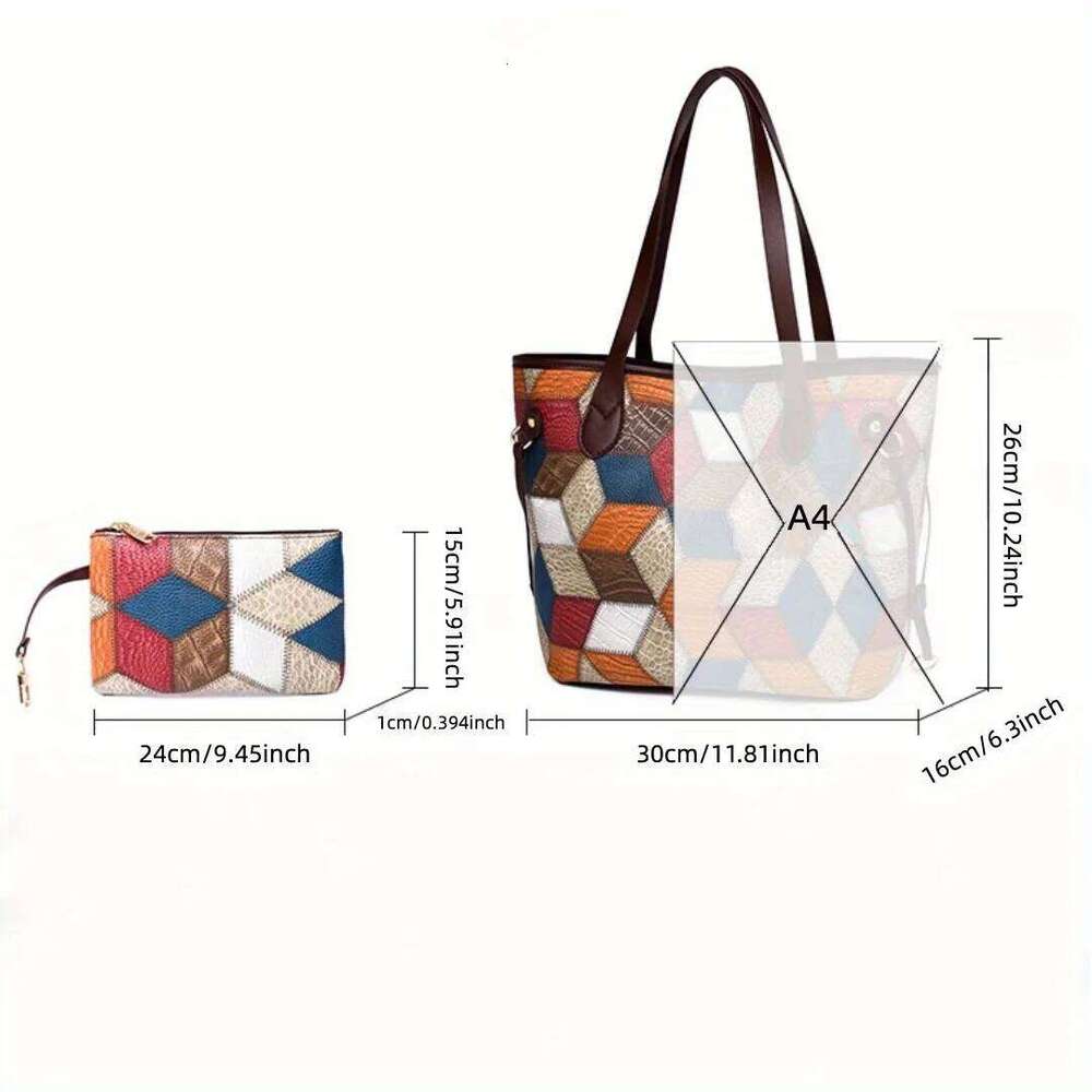 Ladies' Leather Patchwork Tote Contrasting Color Handbag Large Capacity Mother And Child Bag