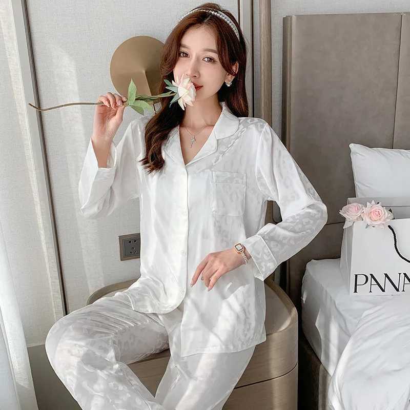 3XL Plus Size Leopard Pattern Spring New Ice Silk Pajamas Women Long Sleeved Pants Set Can Be Worn Outerwear Sleepwear Z250925