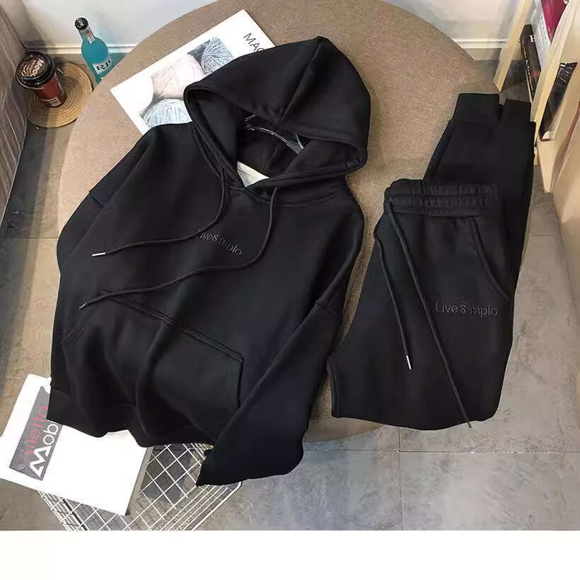 2025 Autumn Winter Fleece Lined Loose Hoodie Sweatshirt Jogger Pants Sports Casual Two-Piece Set Women