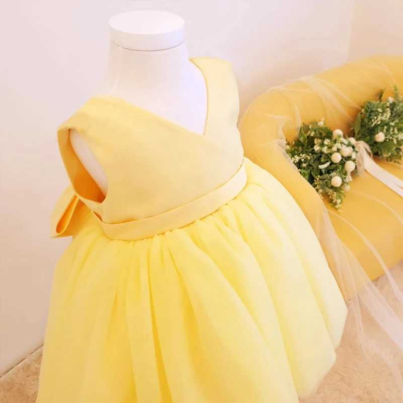 Bow Baby Girls Wedding Dress Tulle Toddler 1st Birthday Party Gown Vneck Infant Baby Princess Dresses For Girl Summer Clothes Z250926