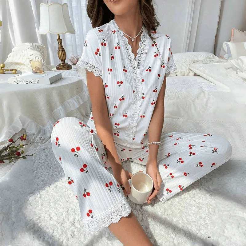 Lace Trim Women Pajama Set Short Sleeve Front Button Top FullLength Pants Cherry Print 2 Pieces Sleepwear Nightwear Homewear Z250925