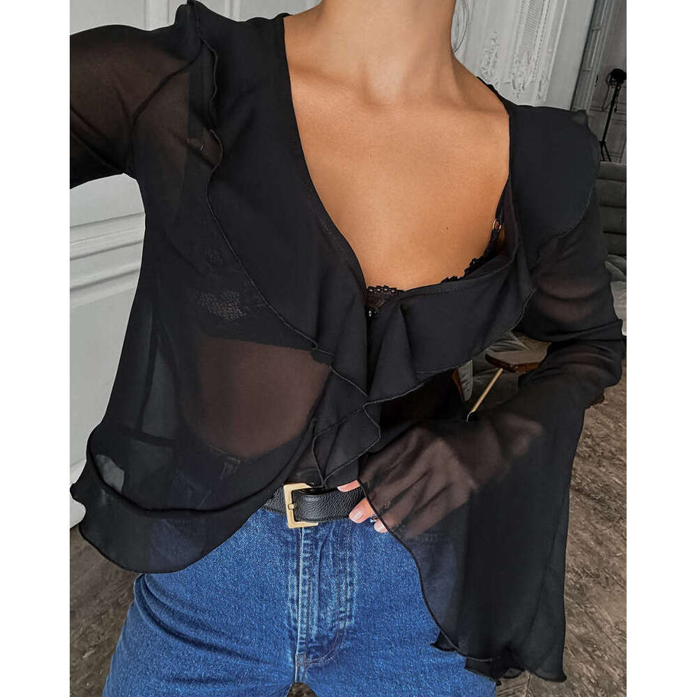 2025 Autumn Elegant Black Chiffon Blouse with Ruffled V-Neck Design Women's Top