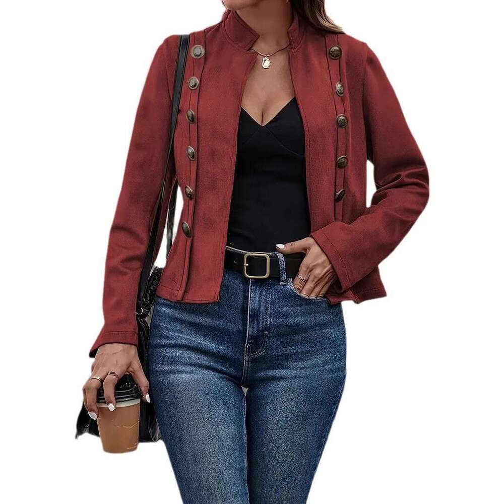 2025 European and American Cross-Border Solid Color Double Row Metal Button Decorated Suede Vintage Long Sleeve Jacket