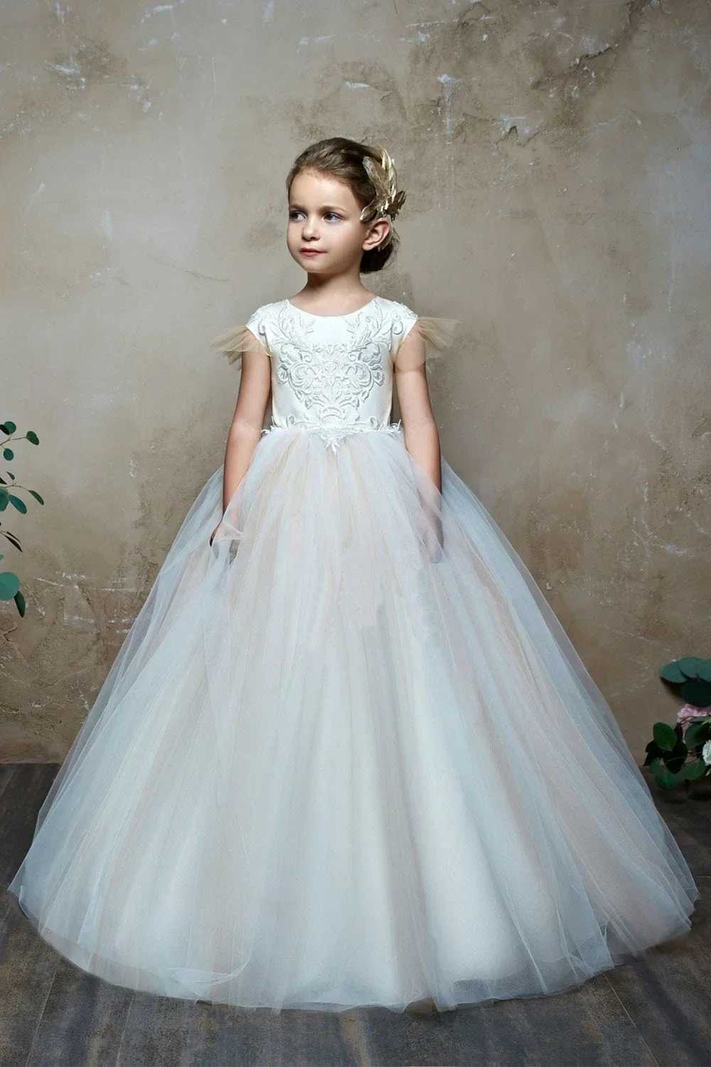 MisShow Flower Girl Dresses Long Train Floor Length Princess Ball Gown Sleeveless Button Appqulies Tulle Beads With Bow Z250926