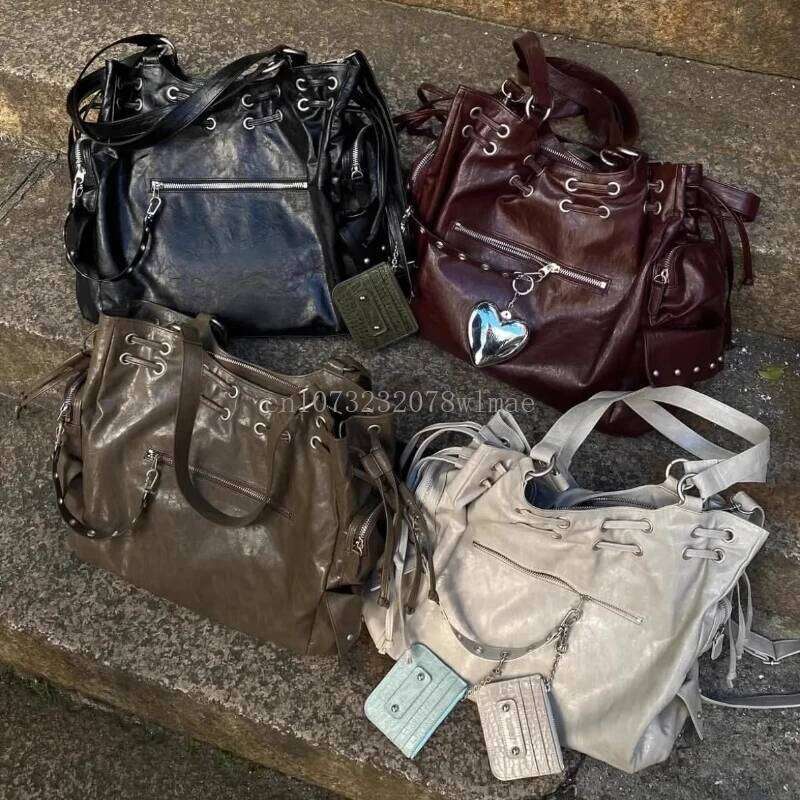 Hot Girl Willow Nail Motorcycle Bags Fashion Designer Rivet Pu Leather Tote Vintage Goth Large Capacity Shoulder Bag Trendy Suotong2509