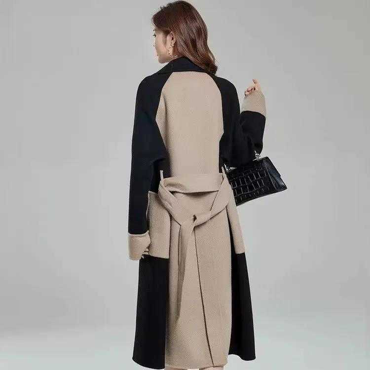 Hepburn Sle Woolen Coat for Women Long 2025 Winter New HighEnd Elegant Slimming ColorBlock Woolen Overcoat for Women W250926