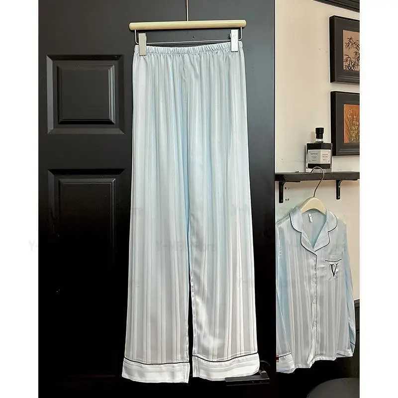 Embroider Letter Pajamas 2Pcs Loungewear Lady Soft Silk Satin Shirtpants Blue Striped Home Clothes Long Sleeve Pyjamas Femme Z250925