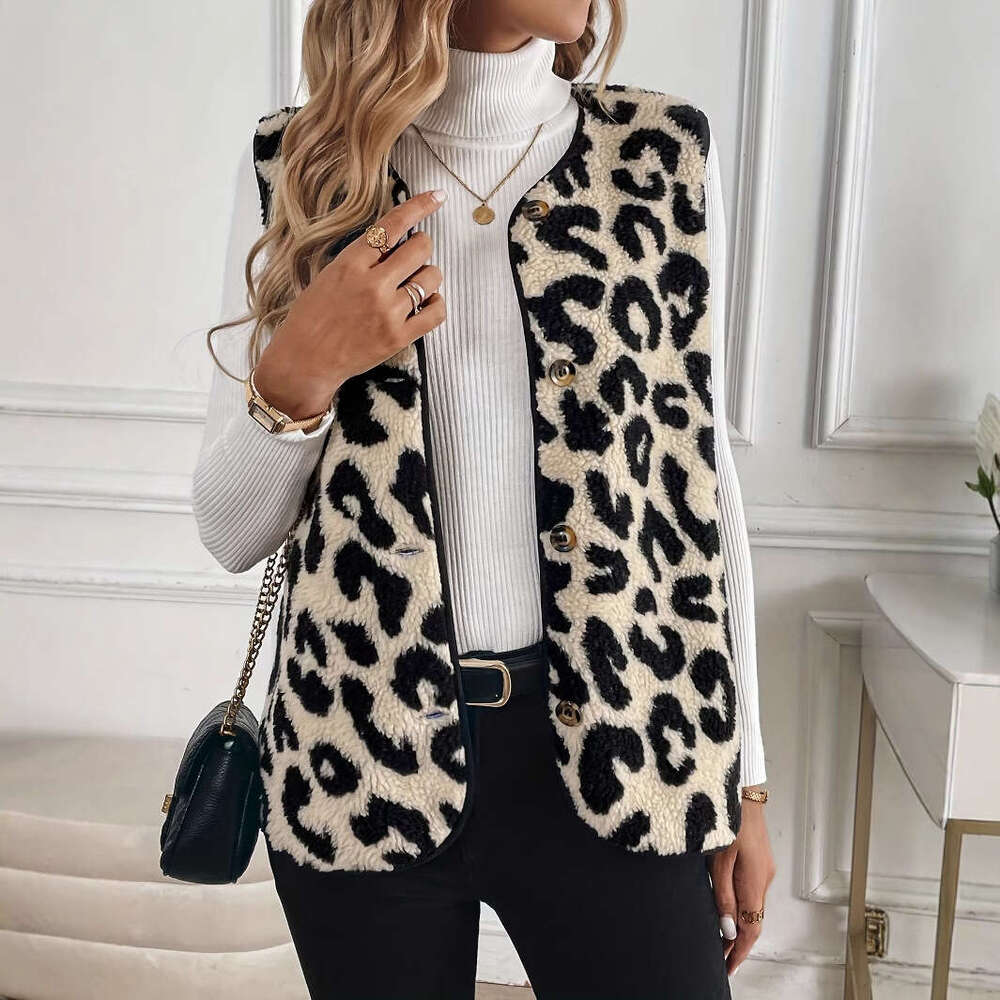 2025 Autumn Winter Cross-Border European and American New Leopard Print Front Button Plush Fashion Vest S8086