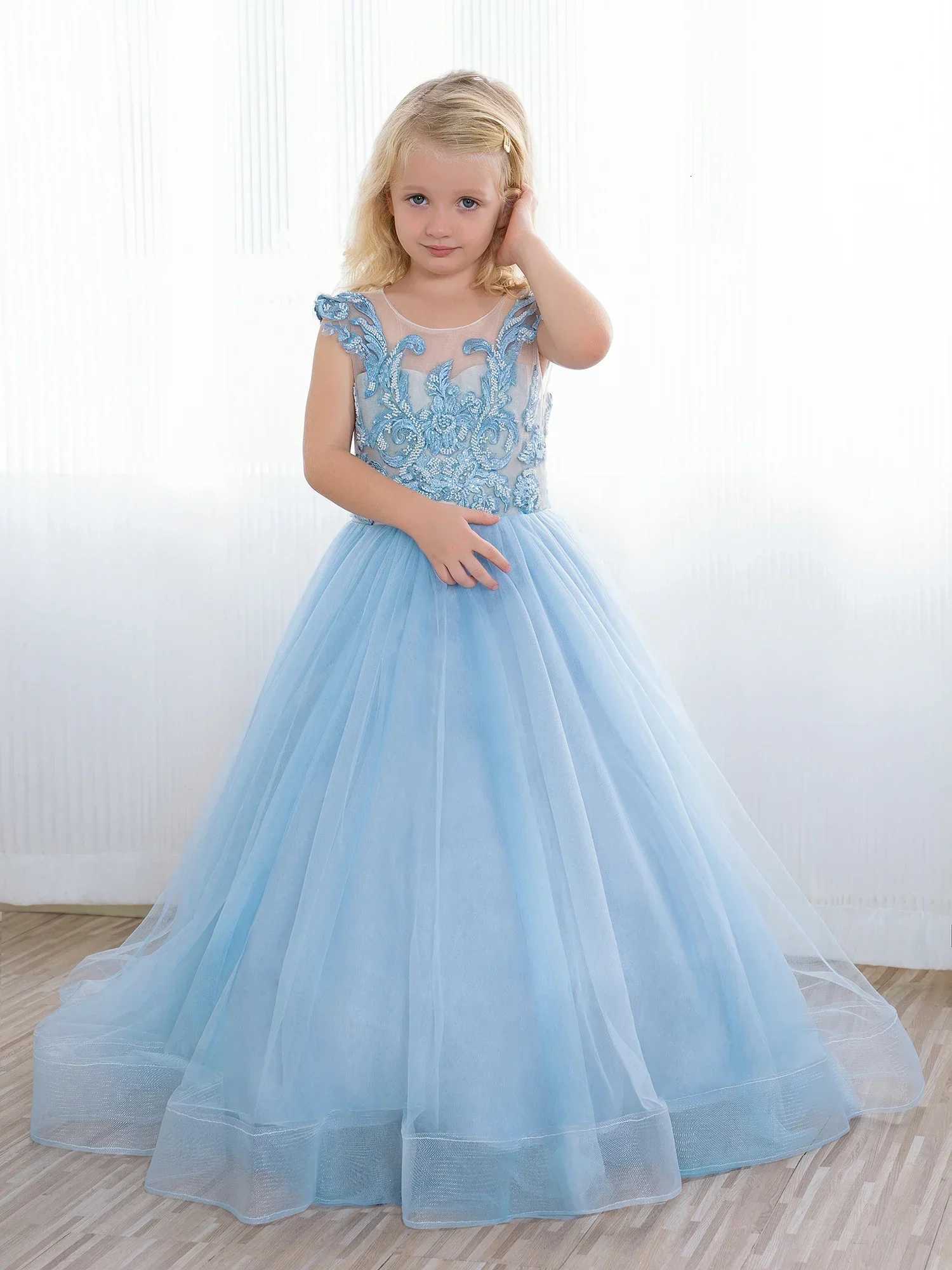 Light Blue Flower Girl Dress Beading Stons Corest Junior Bridesmaid Ball Gown for First Communion Birthday Dresses Z250926
