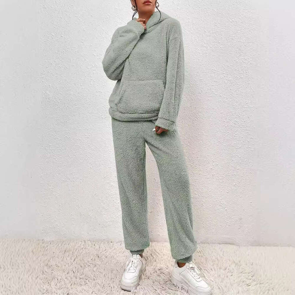 Cross-Border Autumn Winter New European and American Casual Women's Clothing Solid Color Plush Hooded Sleeve Long Pants Set for Women