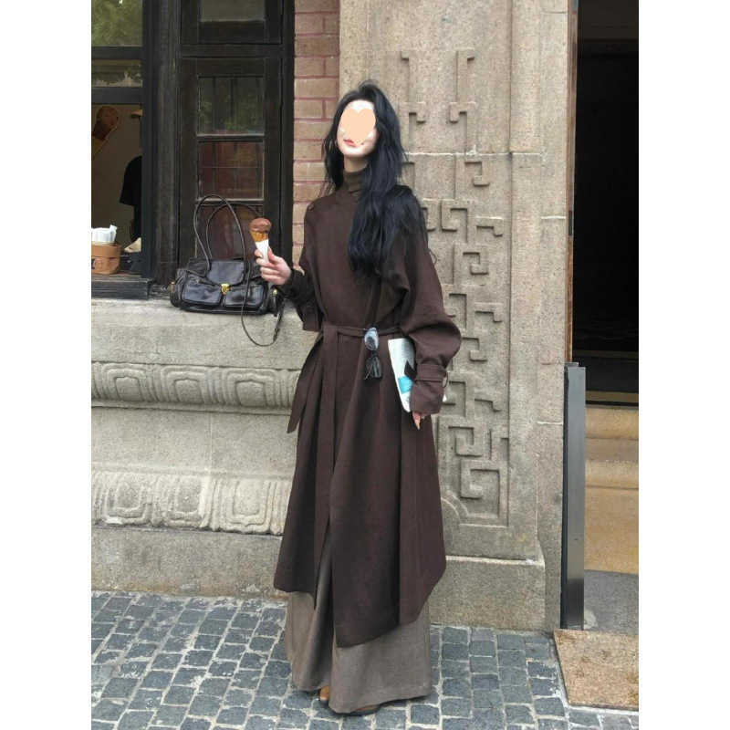 Hepburn Sle HighEnd Long Coat Elegant Tie Waist Brown Trench Coat for Women W250926