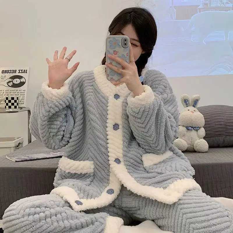 Women Cardigan Thicken Warm Coral Velvet Pajamas Set Winter Color Blocked Sleepwear Sets Flannel Pajamas Suit Womens Homewear Z250925