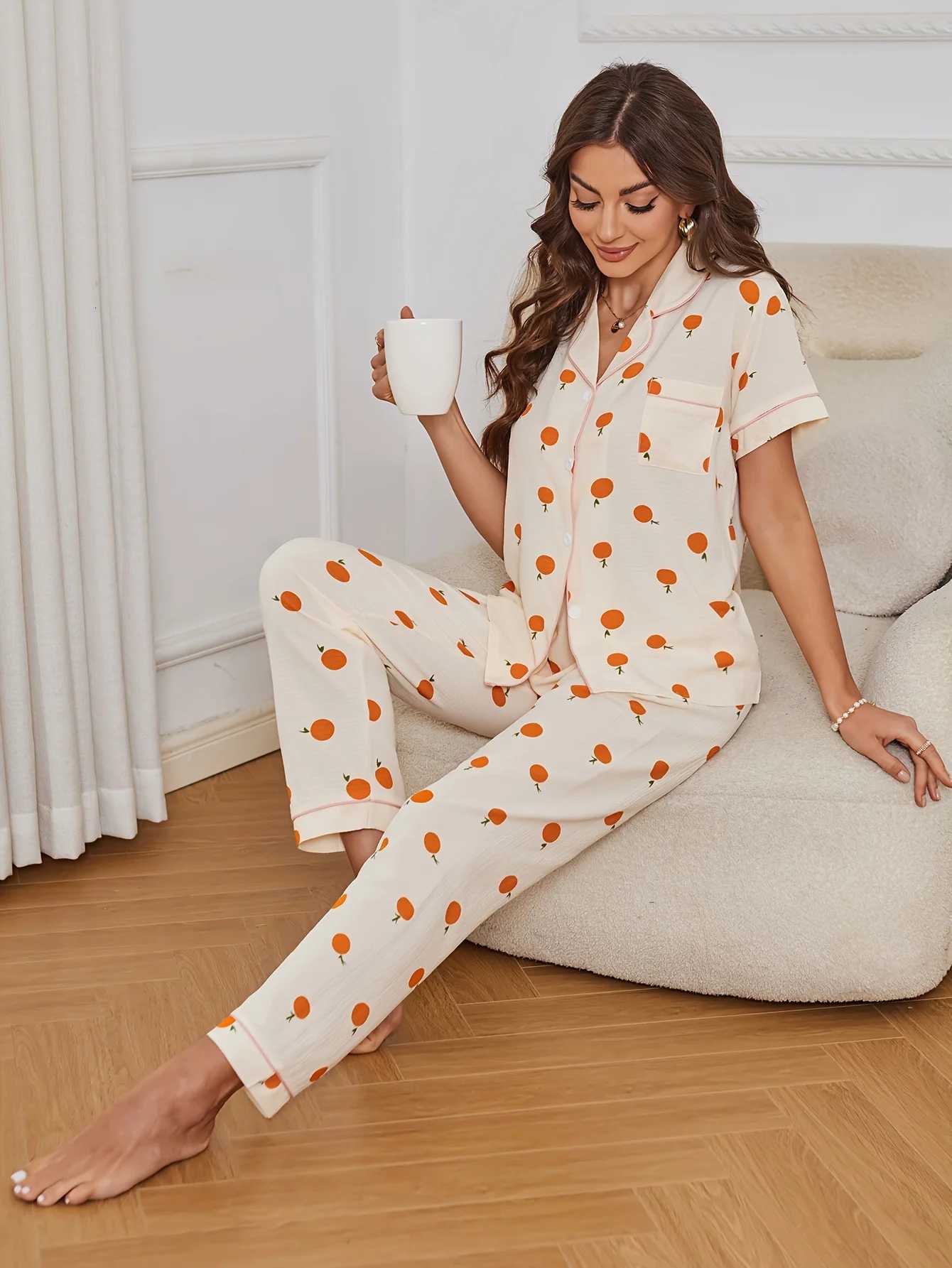 Allover Orange Print Pajama Set Casual Short Sleeve Buttons Lapel Top Elastic Pants Womens Sleepwear Z250925