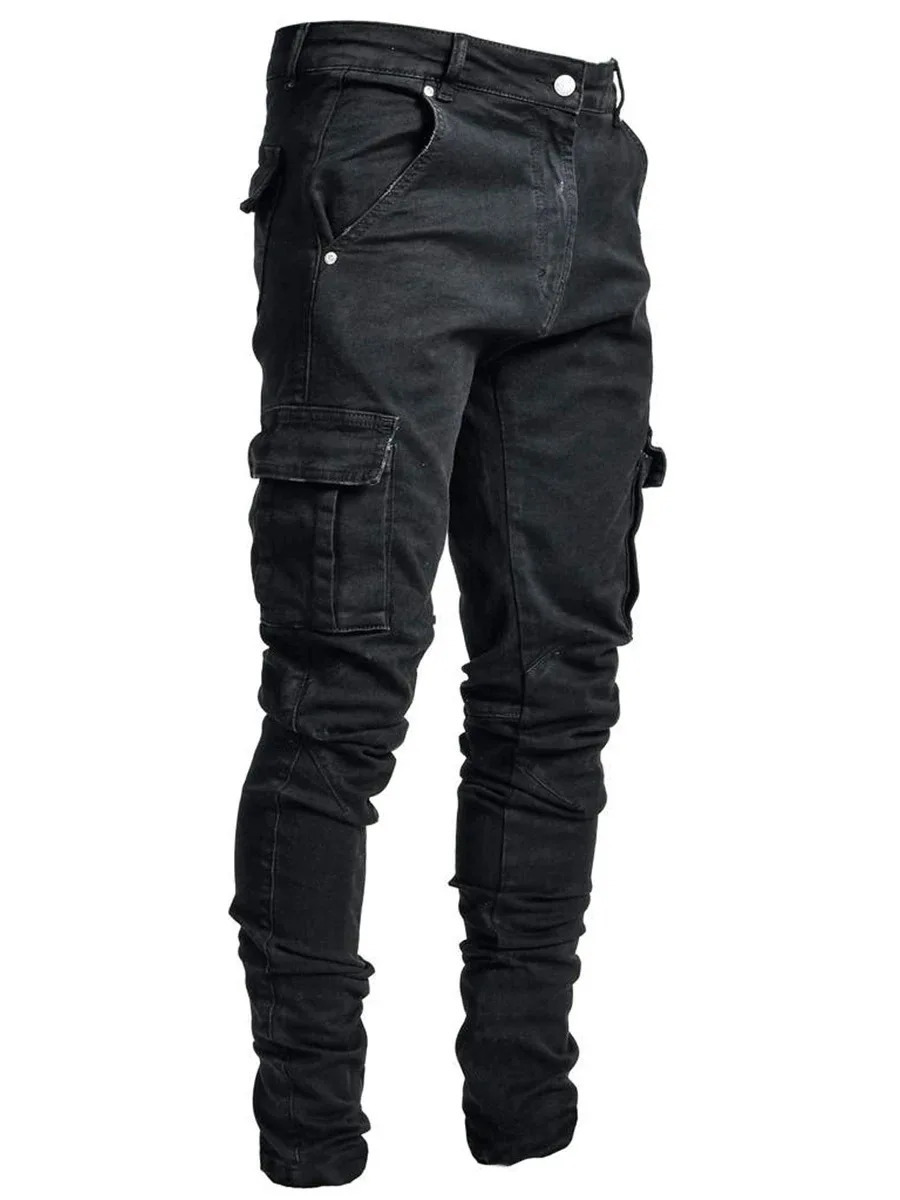 Jeans Men Pants Wash Solid Color Multi Pockets Denim Mid Waist Cargo Jeans Plus Size Fahsion Casual Trousers Male Daily Wear 250922
