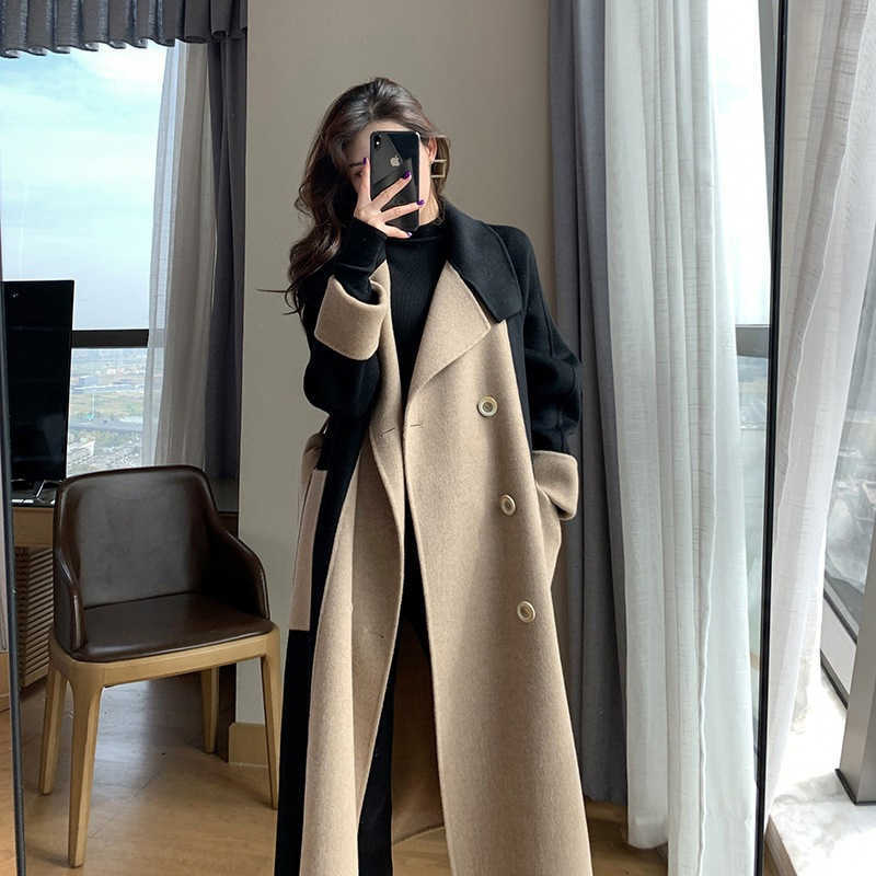 Hepburn Sle Woolen Coat for Women Long 2025 Winter New HighEnd Elegant Slimming ColorBlock Woolen Overcoat for Women W250926