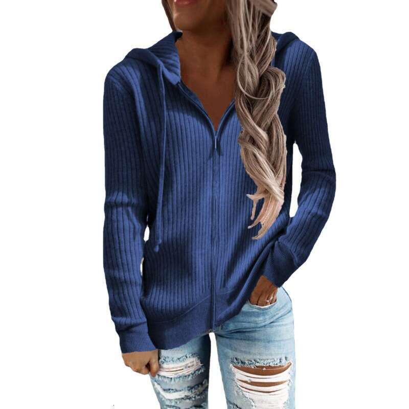 European and American Cross-Border Autumn Winter New Striped Casual Sweatshirt Loose Knitted Cardigan Zipper Long Sleeve Hooded Sweater for Women