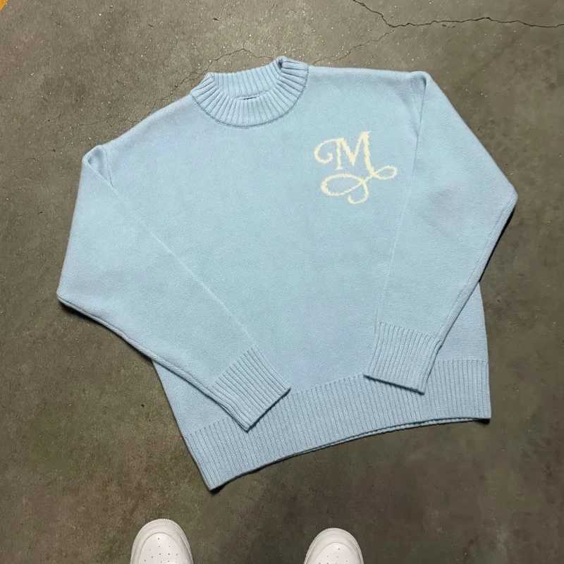 Y2K Retro Long Sleeve Sweater Signature M Pattern Pullover Men New Fashion High Street Casual Streetwear Boxy Knitted Top W250926
