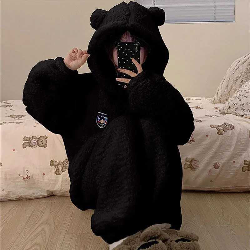 Brown Furry Pajama Sets Fluffy Teddy Bear Hooded Zipper Sleepwear Women Plush Warm Thick Christmas Homewear Y2K Kawaii Nightwear Z250925