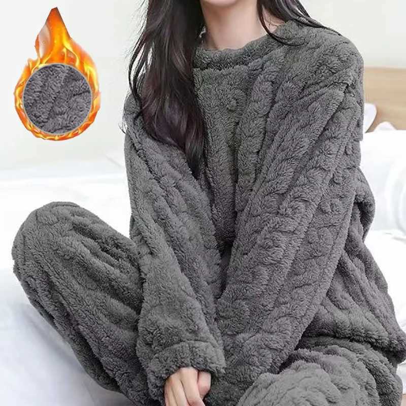 Autumn Women Solid Warm 2 Piece Sets Thicken Velvet Ribbed Fleece Set Pullover And Pants Women Casual Pajama Sets 2024 Z250925