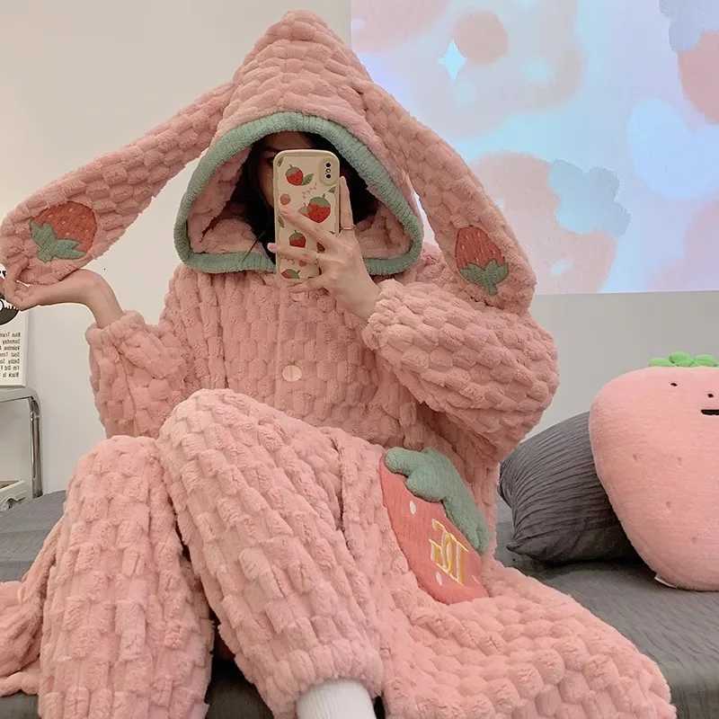 Winter Coral Fleece Warm Sleepwear Womens Pajamas With Pants Nightgown Kawaii Casual Hooded Homewear Robe Plush Bathrobe Sets Z250925