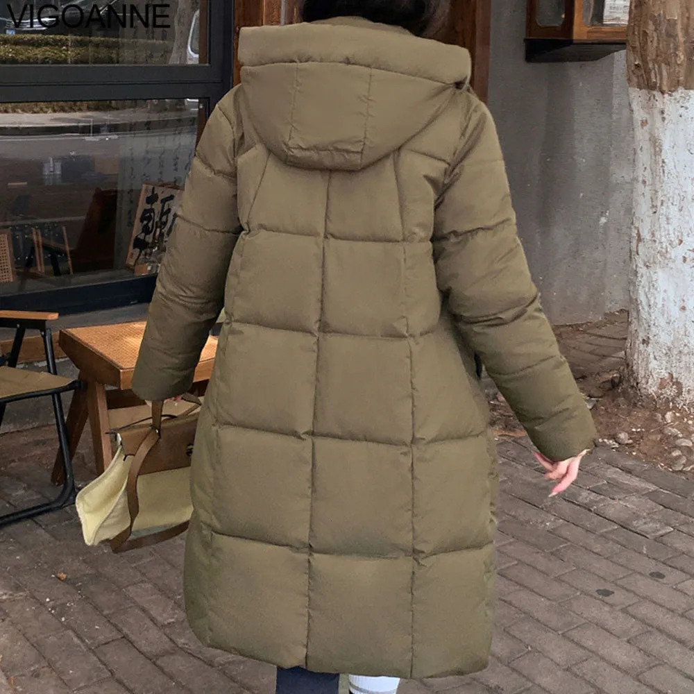 VigoAnne 2025 Winter Zipper Hooded Down Long Coat Korean Women Long Sleeve Pocket Solid Loose Jacket Lady Thick Warm Outwear 250917