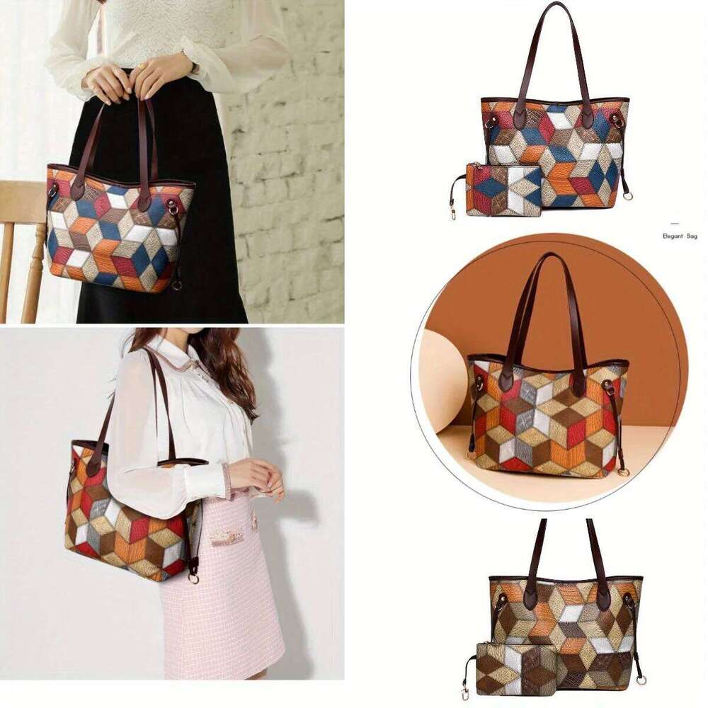 Ladies' Leather Patchwork Tote Contrasting Color Handbag Large Capacity Mother And Child Bag