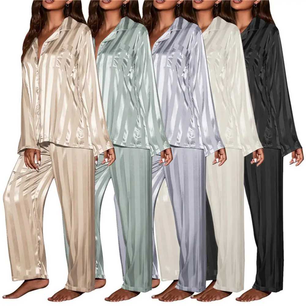 Womens Summer Striped Pajama Set Long Sleeve Top Trousers Silk Satin Home Suit Spring Loose Casual Sleepwear Female Nightwear Z250925