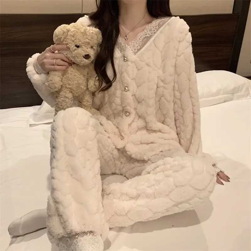 Autumn Winter Flannel Womens Pajamas Sets Contrast Lace Hollow Out 2pcs Sleepwear Velvet Homewear Sweet Vneck Cardigan Pyjama Z250925