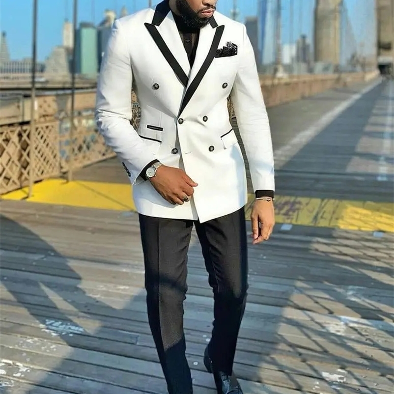 Tailored White Double Breasted Men Suits Top Lapel Tuxedo Slim Fit Male Costume Pour Homme Groom Two Pieces Prom Sets 240812