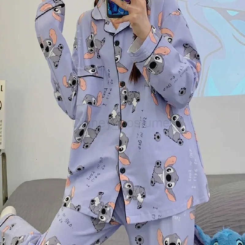 Disney Versatile Casual Cartoon Stitch Sleepwear Womens Spring and Autumn Long Sleeved Twopiece Set Pijama Pajama Sets Pyjamas Sleep H250926