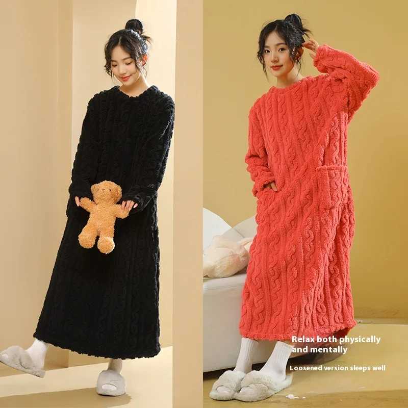 Autumn and Winter Coral Velvet Nightgown Womens Warm Padded Thickened Facecloth MediumLength Nightgown Pajamas Homewear Z250925