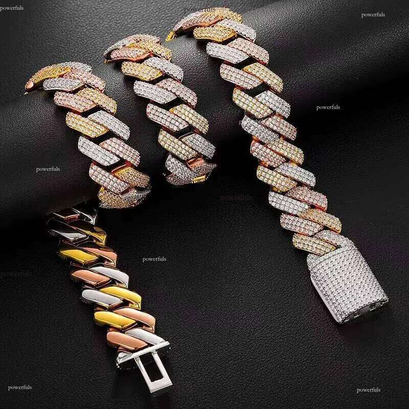 Heavy Hip Hop Jewelry 19mm 3 Tones Sterling Sier VVS Moissanite Iced Out Miami Cuban Link Chain Necklace for Men