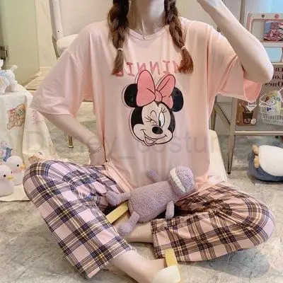 Disney Summer Pooh Bear Sleepwear Womens Loose Comfortable Cartoon Print Home Clothes Set Short Sleeve Nightshirt Mickey Pajama Set H250926