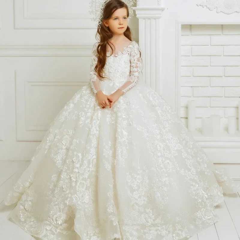 Luxurious White Long Sleeve Flower Girl Dresses For Wedding Prom Party Girls Pageant Lace Floral Appliques First Communion Gowns Z250926