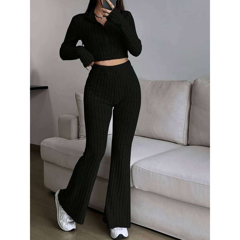 Fashion Solid Color Ribbed Two-Piece Zipper Long Sleeve Short Top and High Waist Flared Pants Set for Women Casual