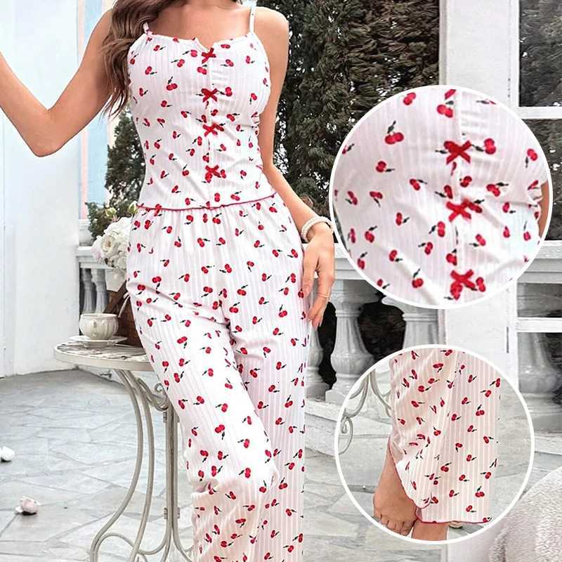 2Piece Womens Sexy Transparent Mesh Lace Set with Ribbed Printed Strap Top and Pants Home Clothes Pajama Set Z250925