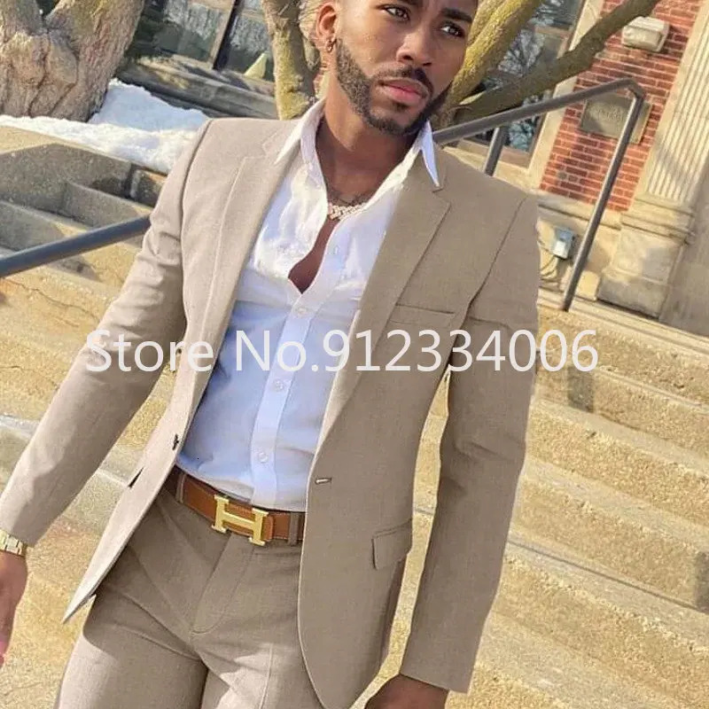2 Pieces Beige Suit for Men Slim Fit Wedding Groom Tuxedo Groomsmen Suits Male Fashion Smoking Costume Homme Blazer with Pants 250922 - view 4