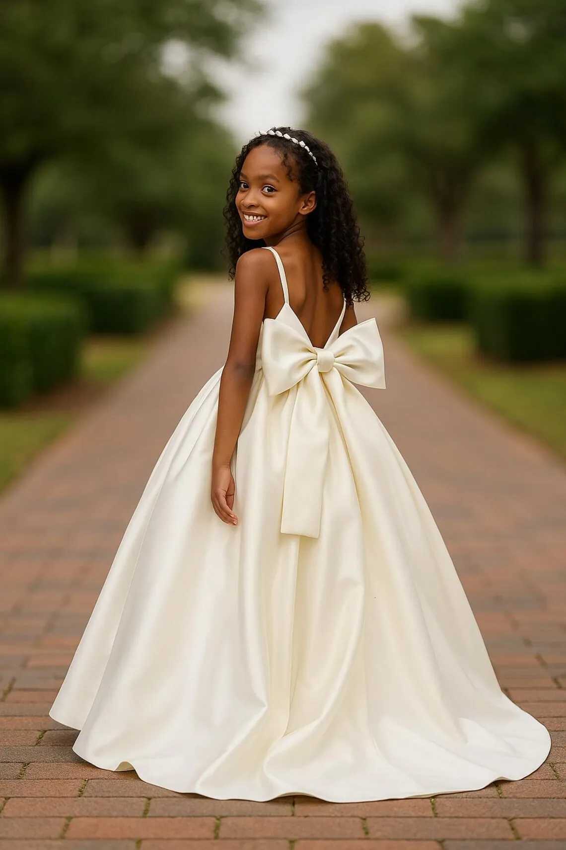 Long Ivory Satin Flower Girl Dresses for Wedding Bow Party Birthday Princess Dress Junior Bridesmaid First Holy Communion Gowns Z250926