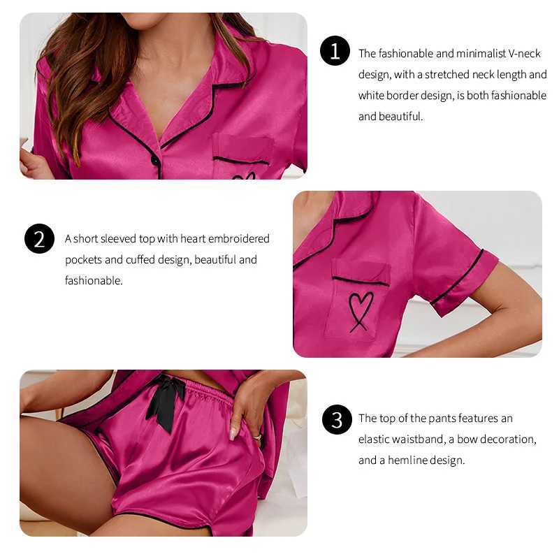 Womens Pajamas Lounge Set Heart Embroidered Pocket Patched Sleepwear Button Down Short Sleeve Top Shorts Pyjama Home Clothing Z250925