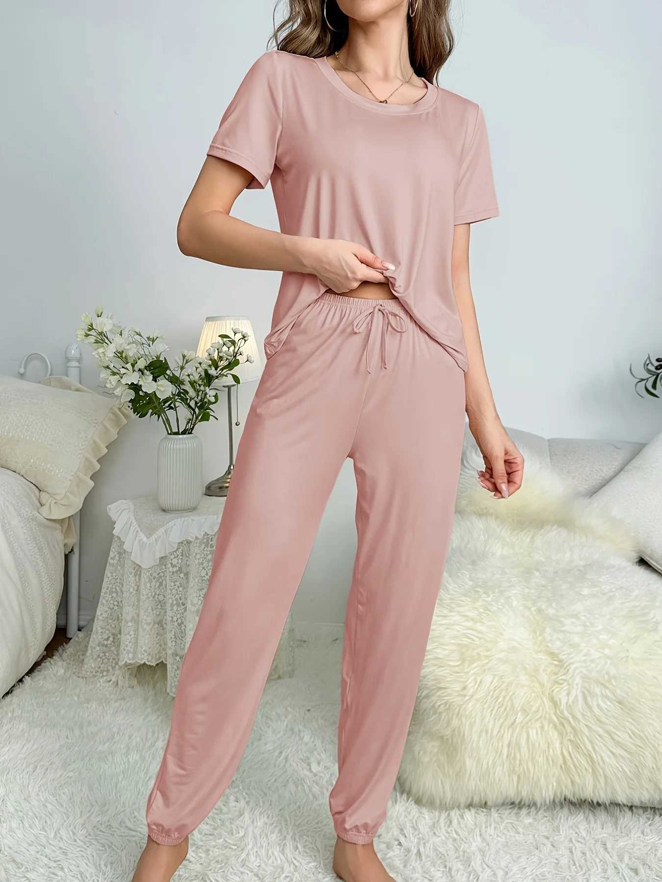 Womens new style pajamas short sleeve trousers elegant casual twopiece solid color home wear Z250925