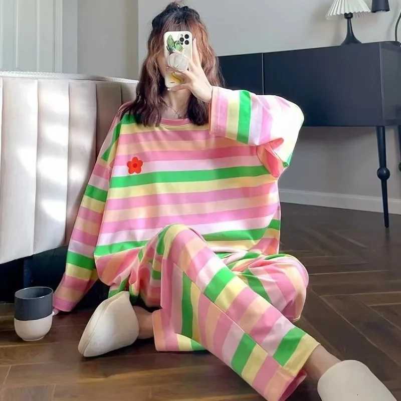 100KG Plus Size Korean Long Sleeved Pajamas Set Women Autumn Student Girls Rainbow Loungewear Can Be Worn Outside Loose Clothes Z250925