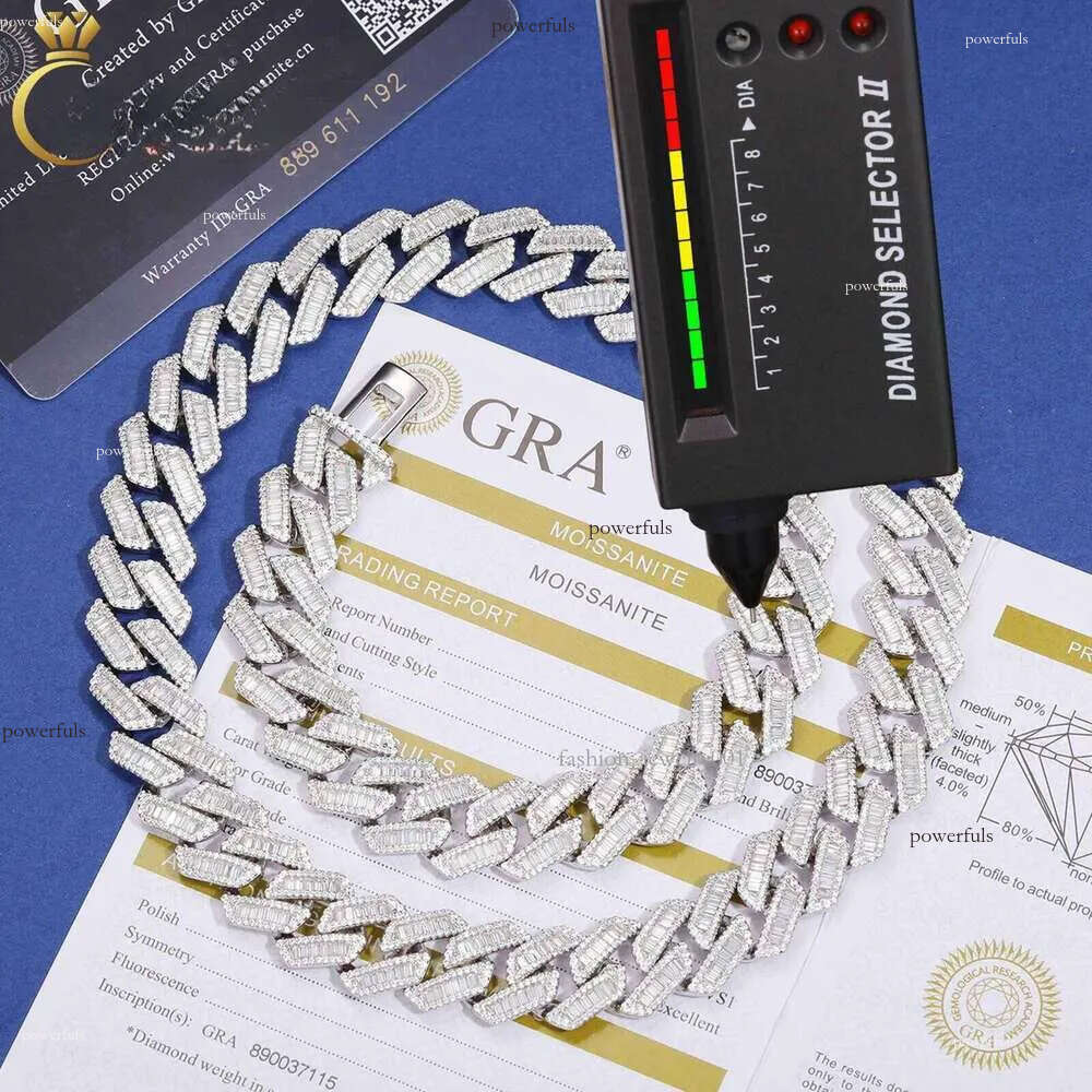 Pass Tester 14mm Baguette Moissanite Cuban Link Chain Sterling Sier VVS Mossanite Dia Iced Out Mens Necklace