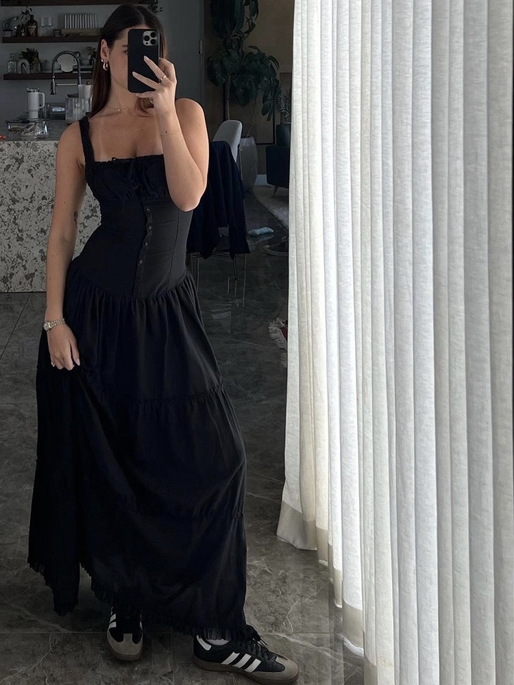 GC303 Summer new style pleated edge front button design maxi dress