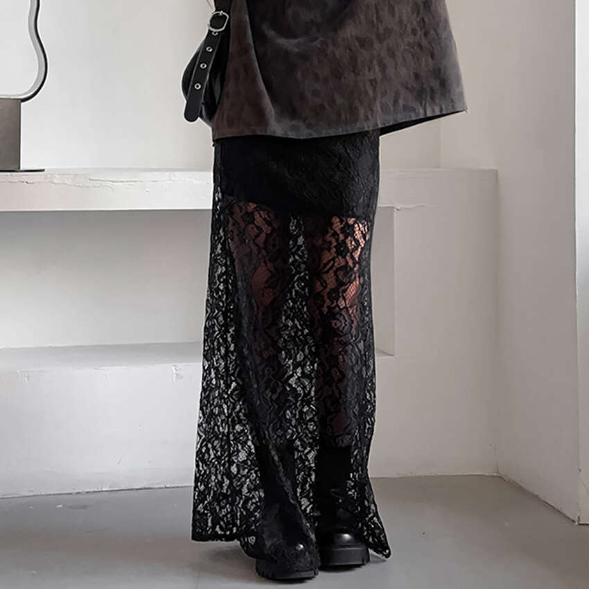 2025 Summer Sexy Hollow Lace Midi for Women Elegant A-line Long Skirt Little Black Dress with Design Sense Women's Fashion