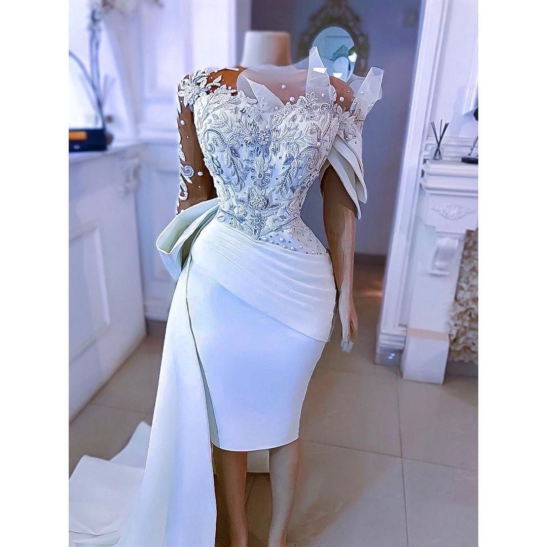 Little White Short tail Arabic Aso Ebi Luxurious Knee-length Prom Cocktail Dresses Long Sleeve Lace Beaded Evening Gowns 9P26