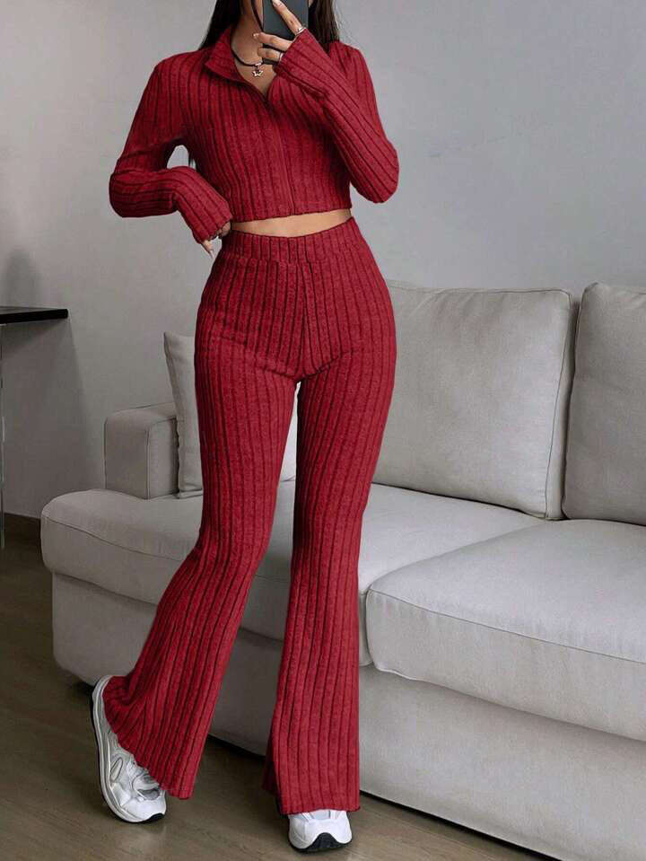 Fashion Solid Color Ribbed Two-Piece Zipper Long Sleeve Short Top and High Waist Flared Pants Set for Women Casual