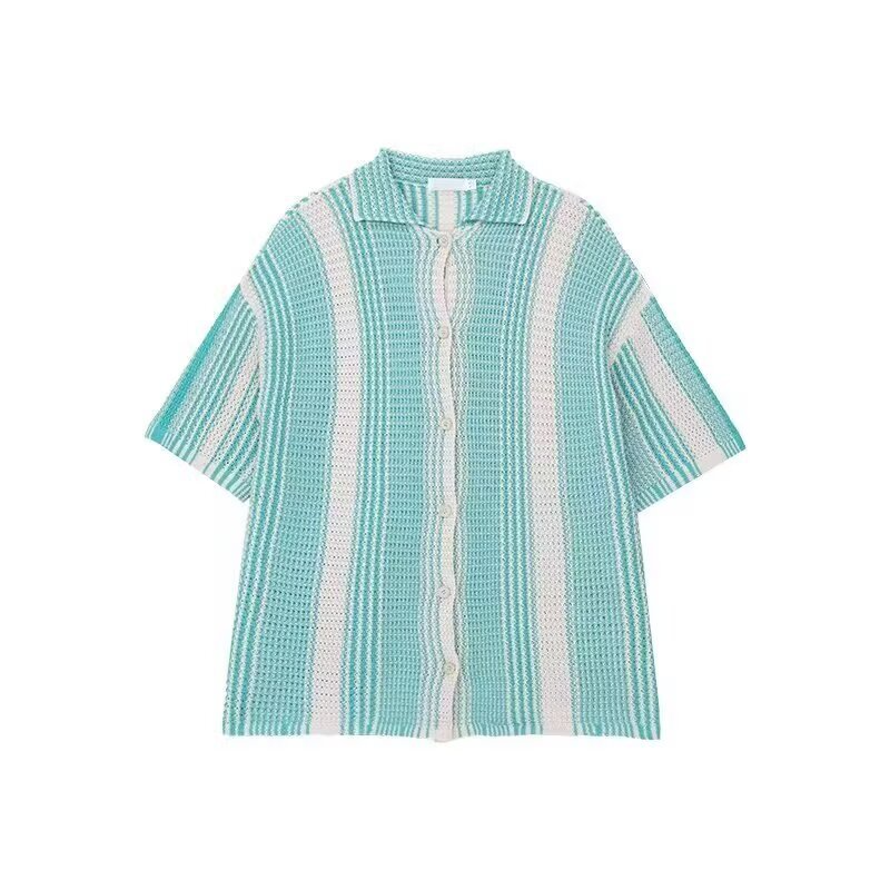 Summer Clothing Men'S Luxury Hollow Out Knitted Short Sleeve Polo Shirt Leisure Striped Button-Down Shirts Breathable Knitwear