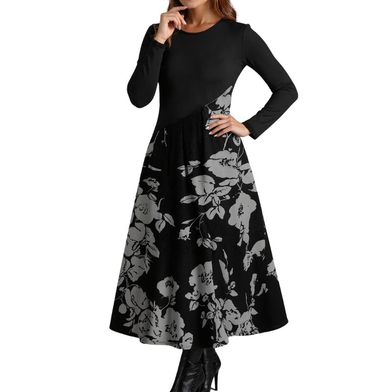 Women's Autumn Winter Elegant Retro Floral Patchwork Long - Sleeve High - Waist Maxi Dress Casual Dress-CF56272