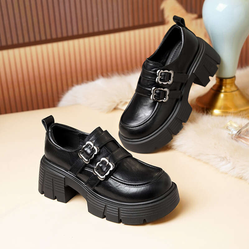 British Style Women's Loafers Designer Shoe with Belt Buckle Velcro, Thick Sole Chunky Heel New for Autumn and Winter 2025